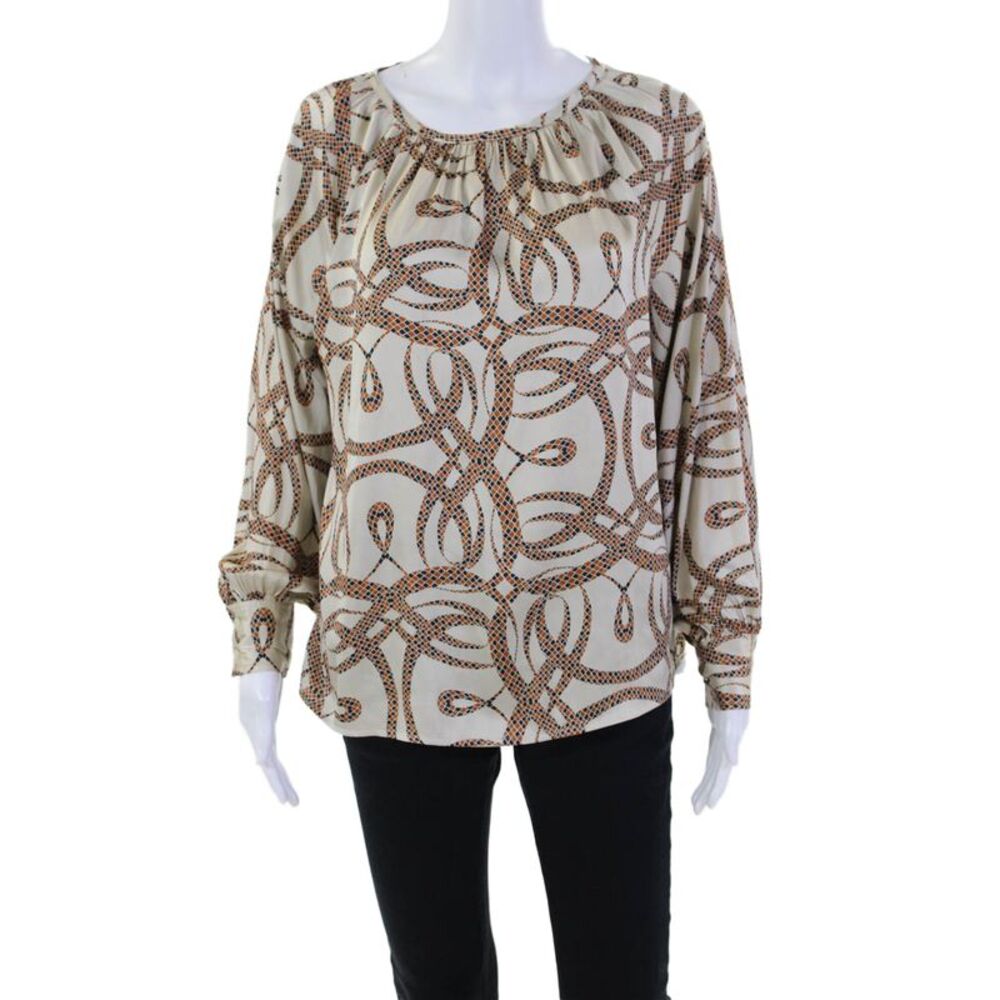 Richard Allan x H&M Womens Abstract Print Long Sleeves Blouse Beige Brown Size 4